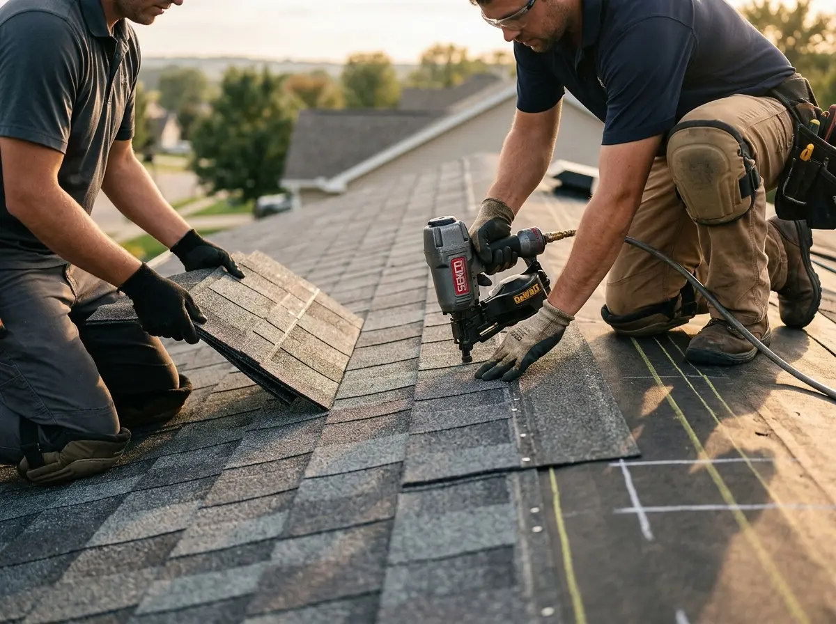 Professional roofer working on a residential roof in Wake Forest